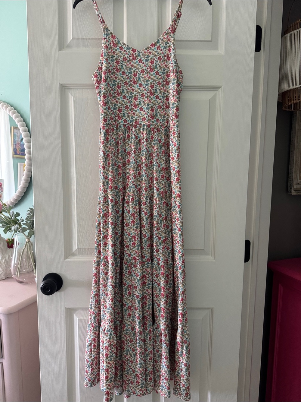 Monteau Floral Maxi Dress in White with Pink & Green Flowers